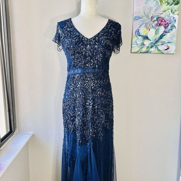 ADRIANNA PAPELL Prom SZ 10 Cap Sl Dress Sequin Navy Blue Beaded Gown Sleeve $229 - Picture 3 of 11